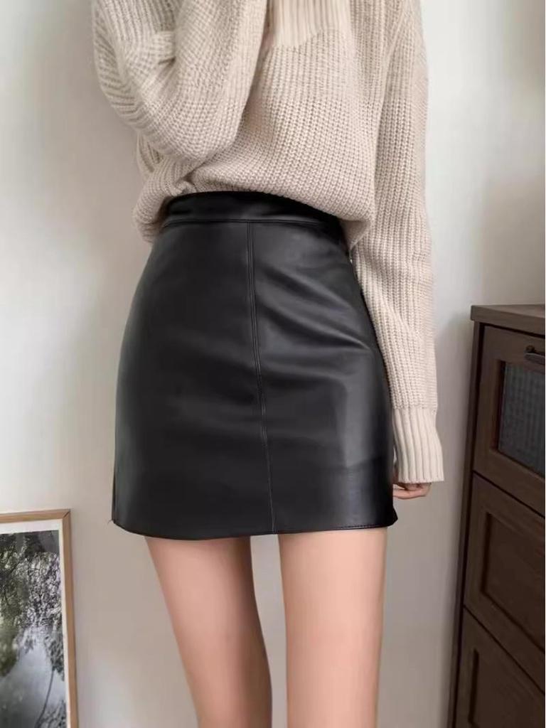 Damen Schwarzer PU-Leder A-Linien Minirock – Slim Fit, Vielseitiger Midi für Herbst/Winter