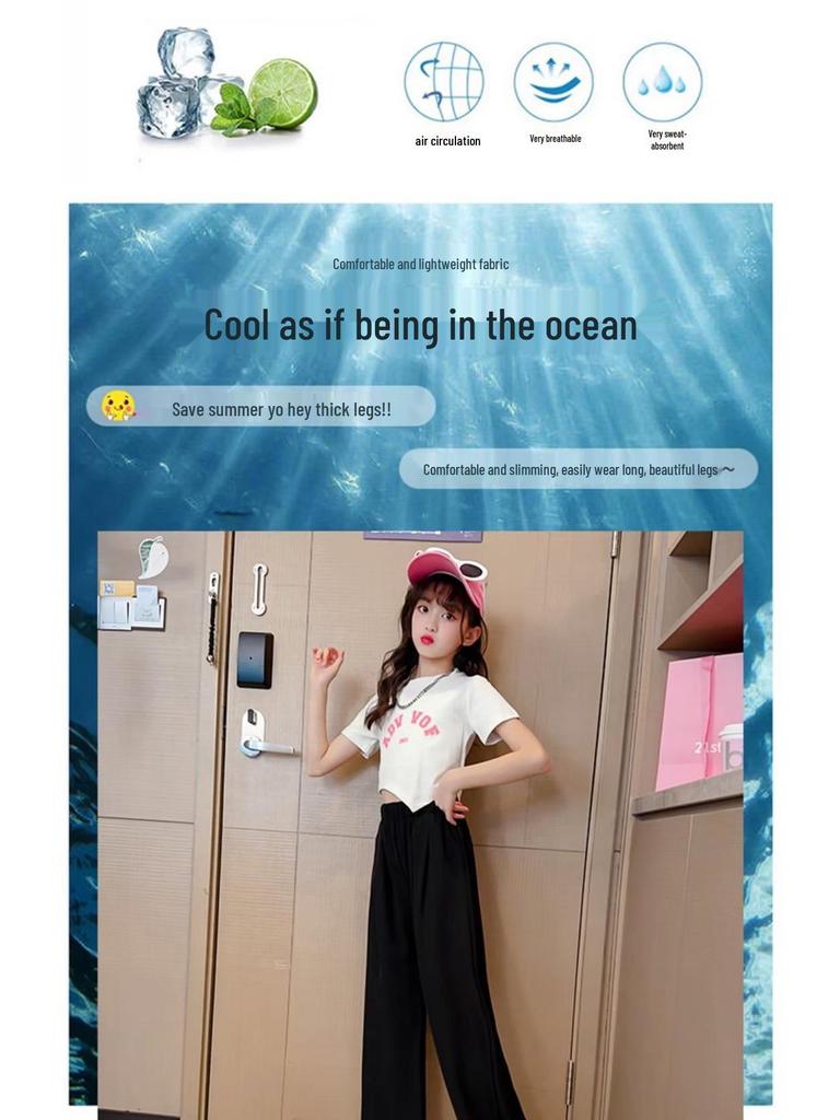 Stylowe letnie spodnie z szerokimi nogawkami z jedwabiu lodowego dla dużych dziewcząt - Wszechstronne, wyszczuplające i codzienne