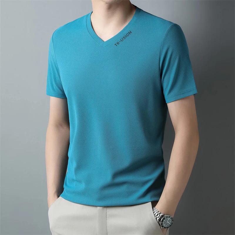 Men's Casual and Fashionable V-neck Solid Color Short Sleeved T-shirt Breathable and Comfortable Summer Versatile Top