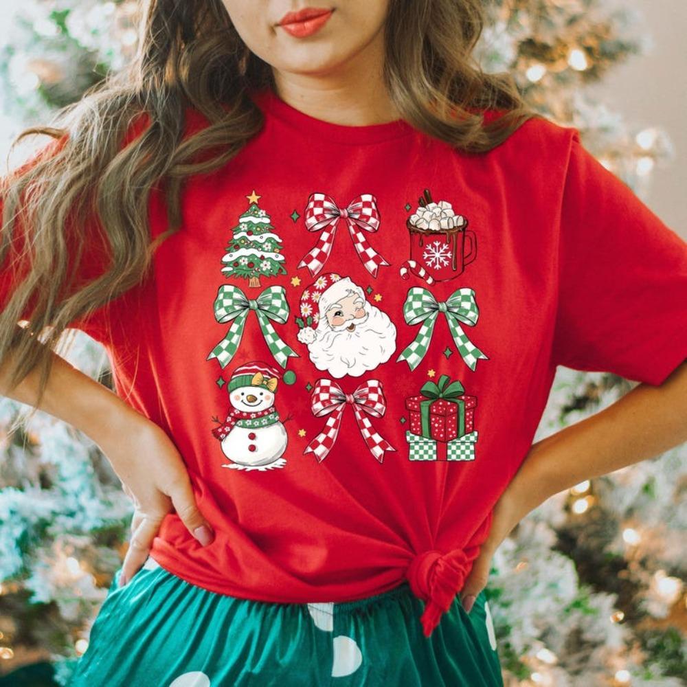 Christmas Party TShirt Cute Christmas EleUnisext Shirt Bow SnowUnisex Santa Claus Printed TShirt Xmas Gift Women Casual Cotton Tops