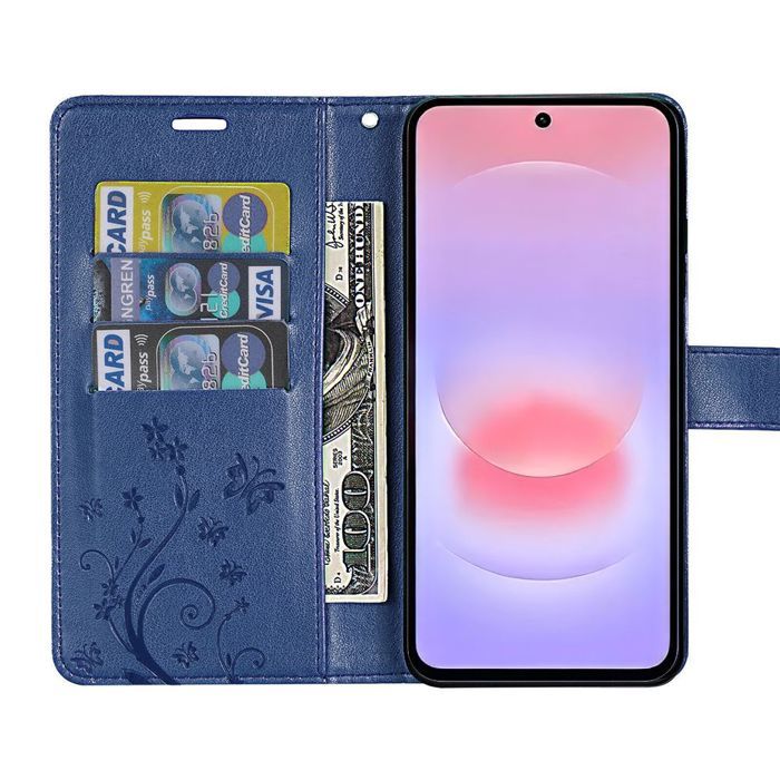 Coque pour Samsung Galaxy A37 5G, Protection Antichoc Anti-Rayures Cuir PU Bleu Marine Motif Fleur