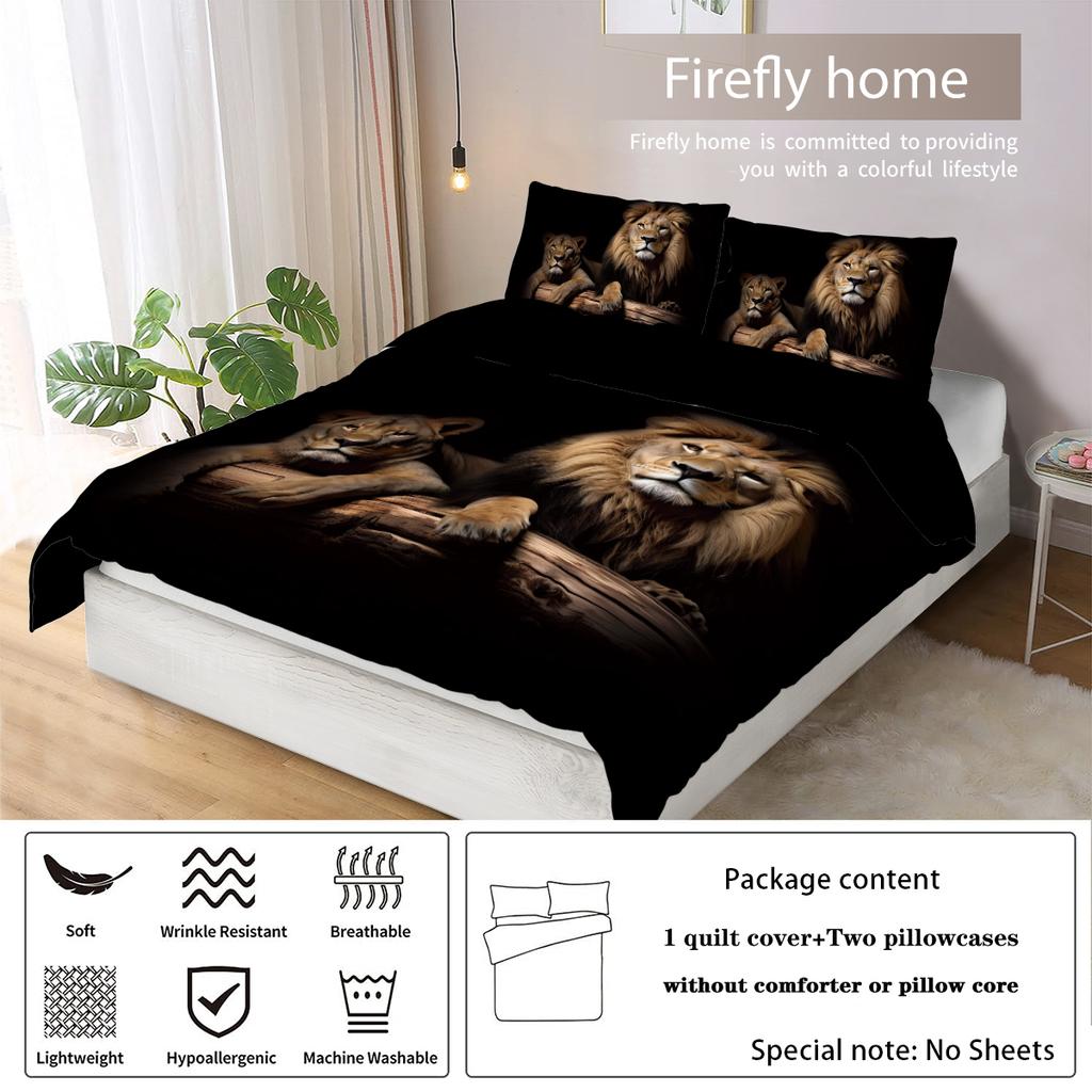 3 Pieces of Down Printed Duvet Cover Set with Lion Pattern (1 Duvet Cover+2 Pillowcases, Without Core), Soft Bedding