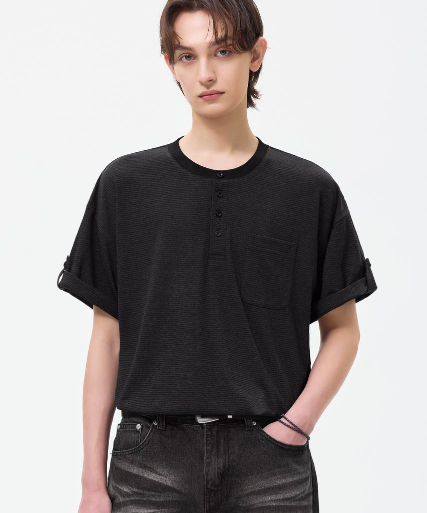 TRILLION Roll-Up One-Pocket Henley Neck Short Sleeve T-Shirt_4Color