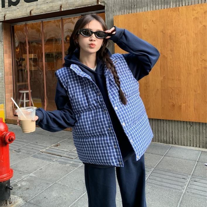 Stand Collar Plaid Sleeveless Cotton Vest Jacket for Women Autumn and Winter New Style Layered Casual Loose Vest