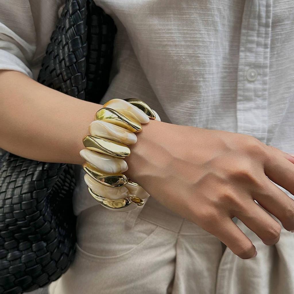 Salircon 10 Colors Vintage Thick Resin Acrylic Irregular Bangles for Women Geometric Wide Chunky Elastic Bracelets Hand Jewelry