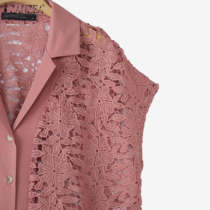 ZANZEA Womens Summer Casual Short Sleeve Hollow Out Lace Cover Up Blouse