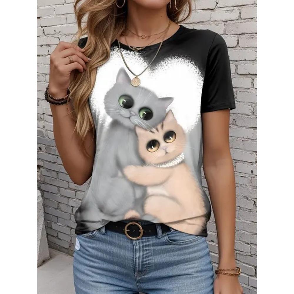 Funny Cat T-Shirts Animal 3D Print Women O-Neck Short Sleeves T Shirt Streetwear Y2k Tees Tops Female Clothing