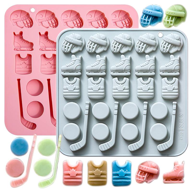 Molde de Chocolate de Hóquei, 27 Cavidades Moldes de Silicone para Doces Esportivos de Hóquei Camisola Patins Disco Stick Capacete Molde de Cubo de Gelo
