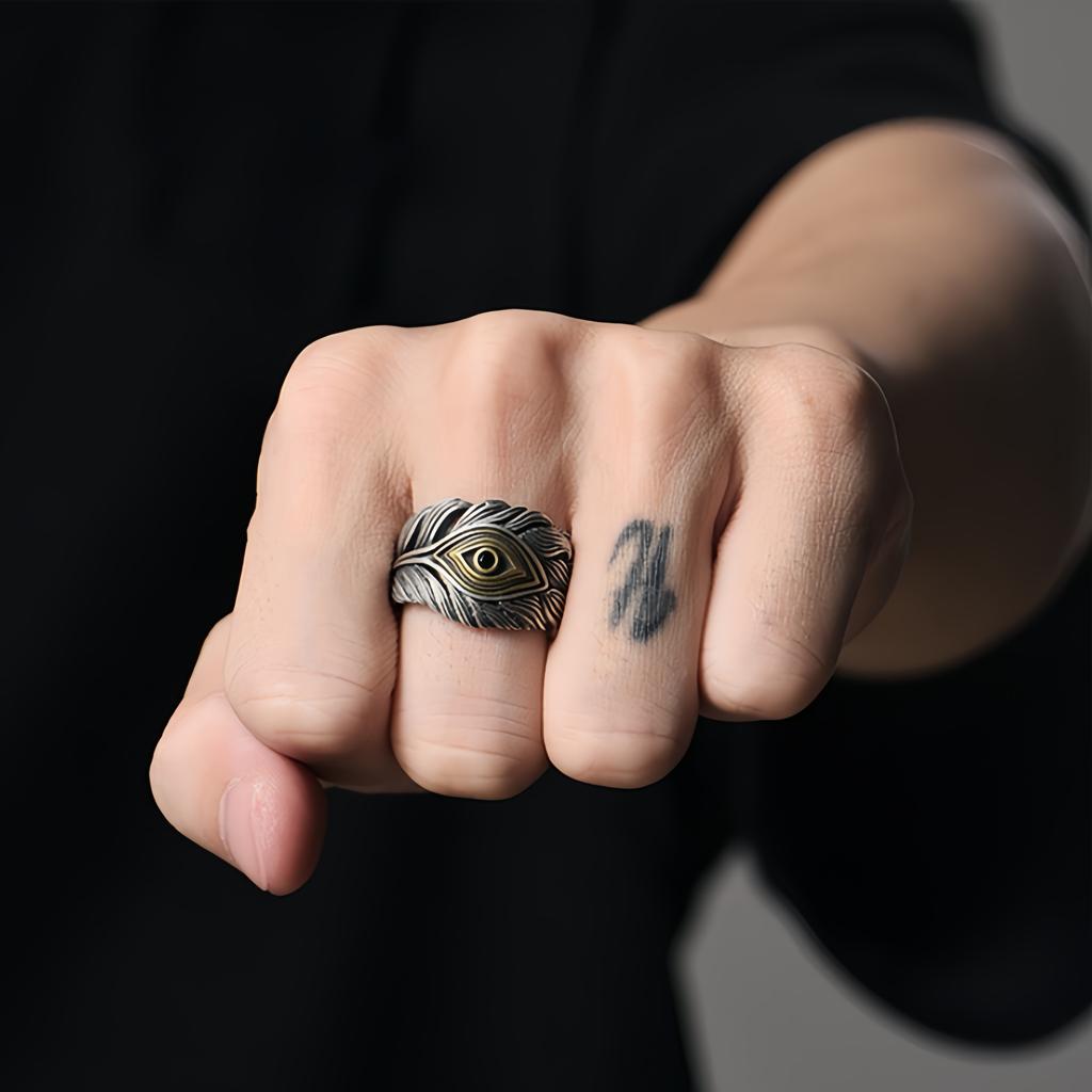 Retro Feather Rinnegan Eye of God Adjustable Open Ring For Men Silver-plated Copper Punk Gothic Edgy Jewelry Accessories Gift
