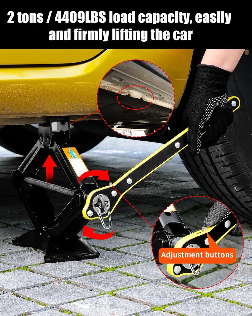 1.5-Ton Scissor Jack with Lug Nut Tool, Ratchet Wrench & Tire Gauge for Emergency Kit