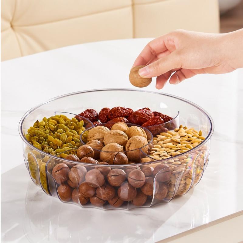 Divided Serving Tray with Push-on Lid, 5 Compartments Round Plastic Food Storage Organizer, Snack Tray for Portable Snack Platte
