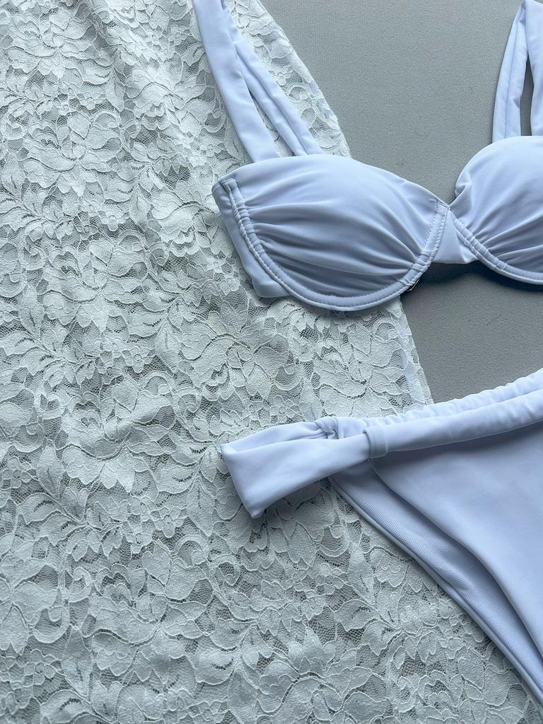 OFTBUY Letní Sexy Jednobarevné Dlouhé Šaty Oblek Plavky Ženy 3dílná Bikini Sada Kosticová Nevycpávaná Podprsenka Hladké Plážové Plavky Dámské Ocelová Kostice Hrudní Vycpávka