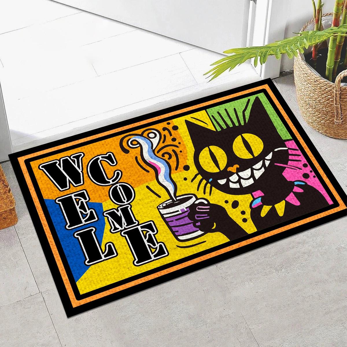 

1PC Cute Black Cartoon Cat Giving Thumbs Up Welcome Doormat Non Slip Entryway Rug for Front Door Home Decor Floor Carpet 40x60cm