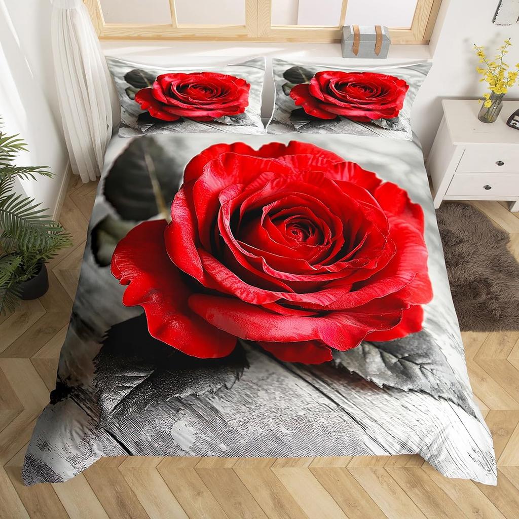 Rose Floral Duvet Cover Queen Twin for Women Girls Couple 3D Red Rose Wine Glass Bedding Set Luxury Botanical Comforter Cover
