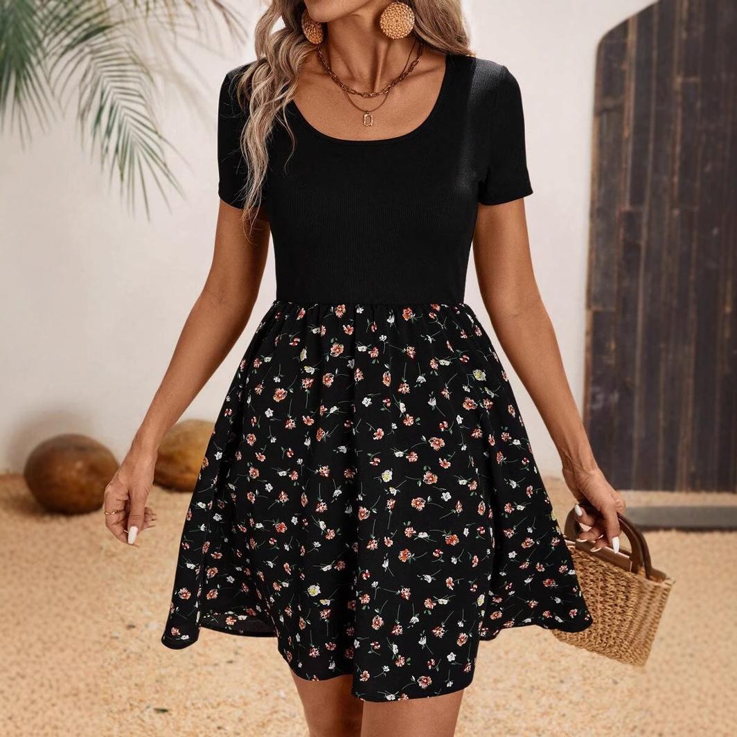 

Женское летнее повседневное платье с коротким рукавом и круглым вырезом, с цветочным принтом, черное цельное платье XL