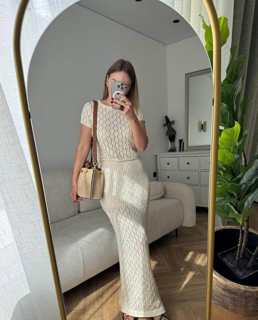 French Solid Color Two-Piece Skirt Set for Women Summer Thin Jacquard Lapel Knit Hollow-Out Short Sleeve Top Outfit
