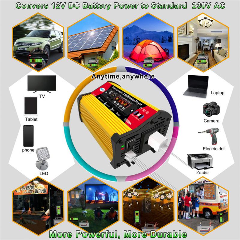 4000W Car Power Inverter With Multimedia Player DC 12V To AC 220V Car Converter Power Inverter 2.4A 2-Port USB AC Outlets