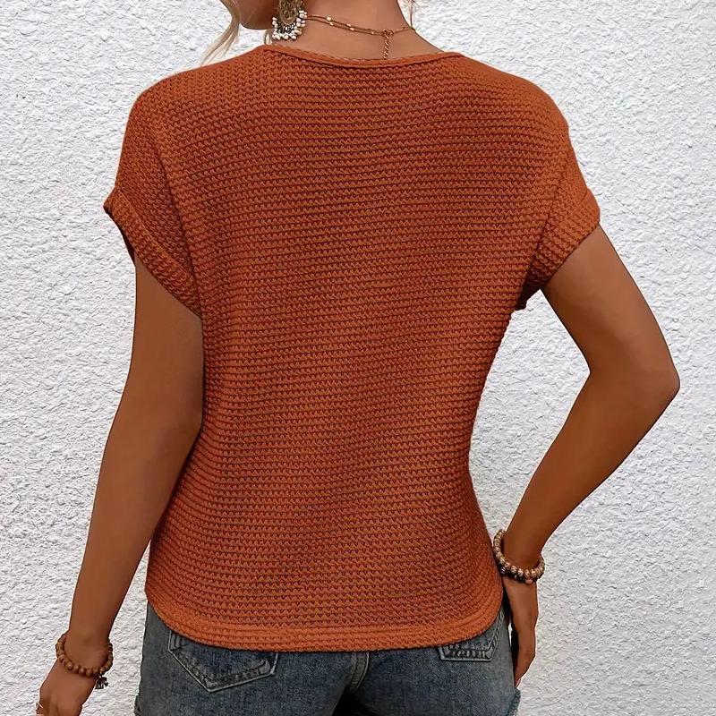 Women Summer Short Sleeve Waffle Knit Solid Color Pullover T Shirt  Top