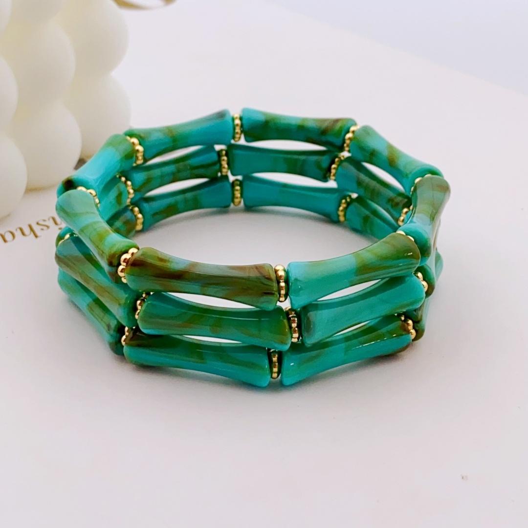 

3шт. Акриловый эластичный браслет с бусинами и разноцветными бамбуками для женщин, повседневный браслет для женщин