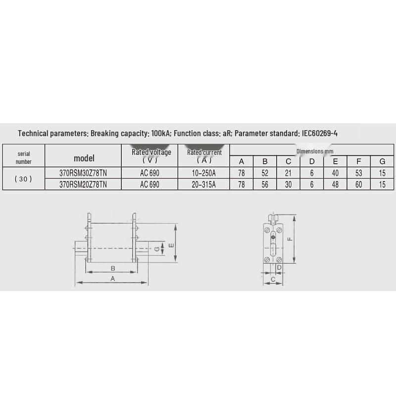 370RSM20Z78TN Fuse Range 20A-315A: 25A, 32A, 40A, 50A, 63A, 100A, 125A, 200A, 300A