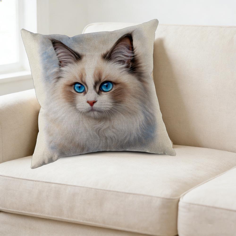 Cat Face Pillow Case White With Blue Eyed Cat Print For Home Decor And Window Seat