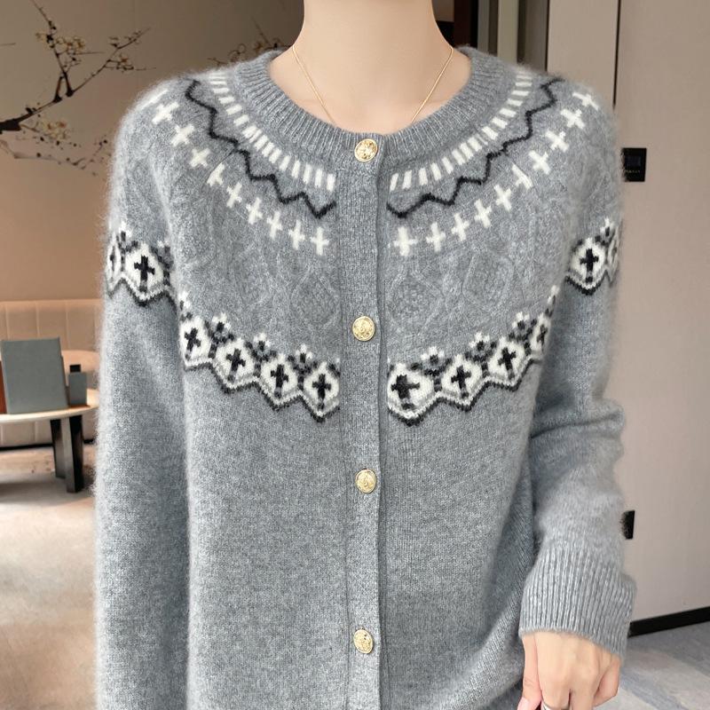 Women's Fair Isle Color Block Wool Cardigan - Round Neck, Age-Reducing Knitwear Jacket