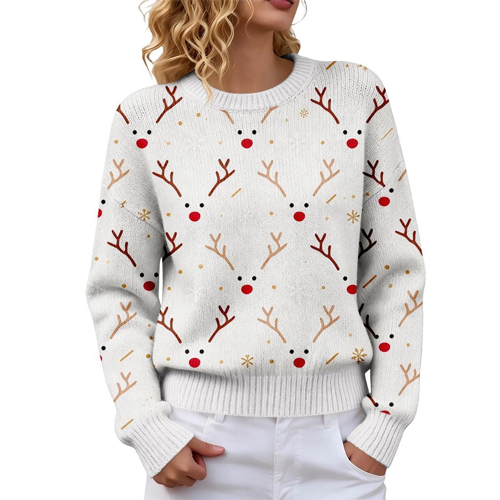 Women's Christmas Print Crewneck Long Sleeve Sweater for Fall Winter Casual Wear