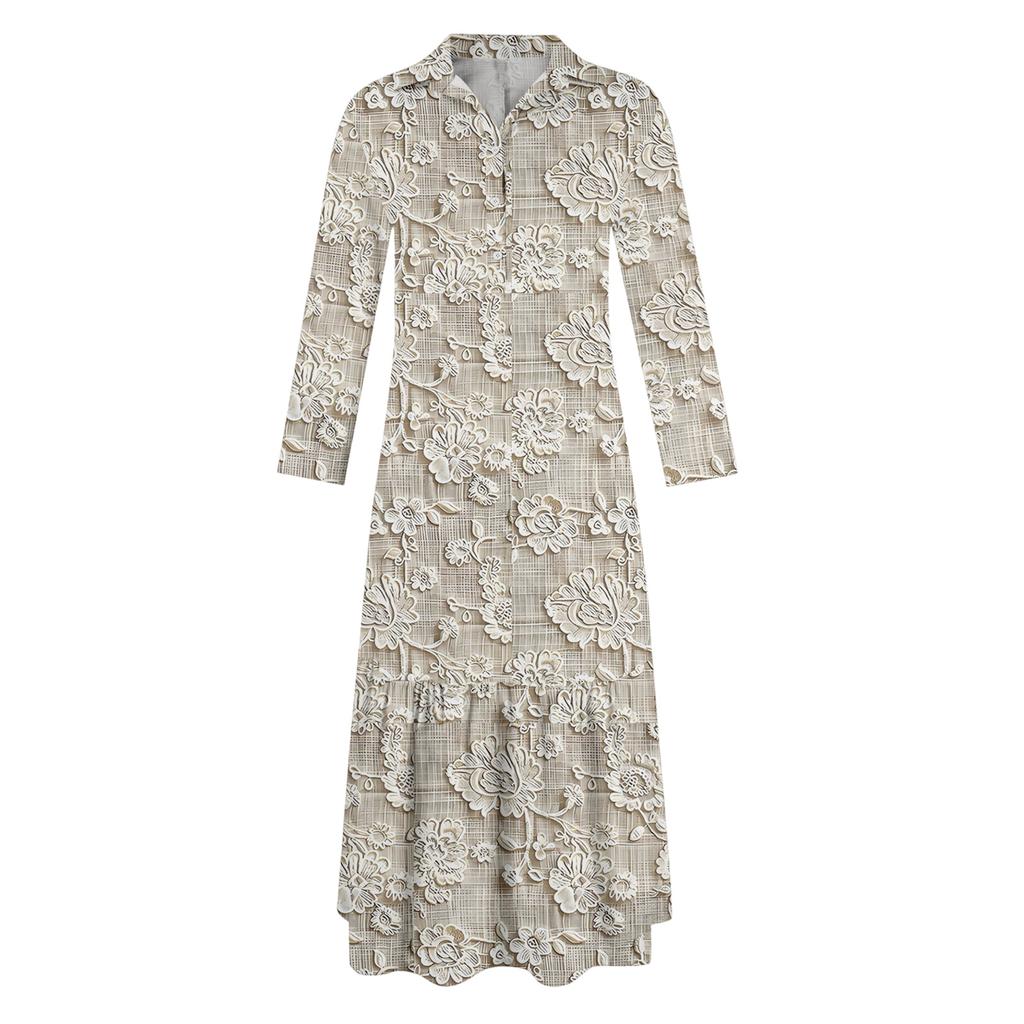 Women's Fashionable And Elegant Autmn And Winter Button Lapel Three-quarter Sleeve Three-dimensional Printed Dress