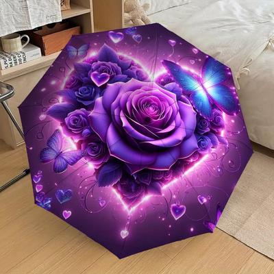 1pc Rose Butterfly Pattern Umbrella Automatic Opening and Closing Umbrella, High Quality Umbrella, Ideal Gift for Her 214