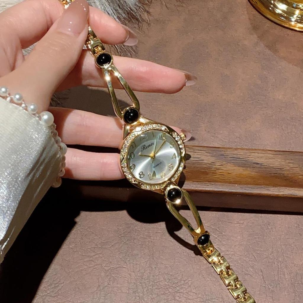 Wykwintny damski zegarek bransoletka z pozłacanego kwarcu z kamieniem naturalnym