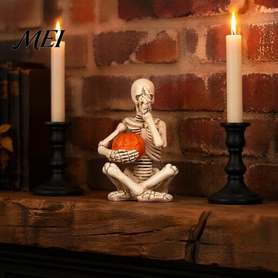 Alternative Home Accessories Vintage Skeleton Holding Pumpkin Statue, Halloween Resin Figurine, Gothic Decoration Desktop Ornament for Entryway