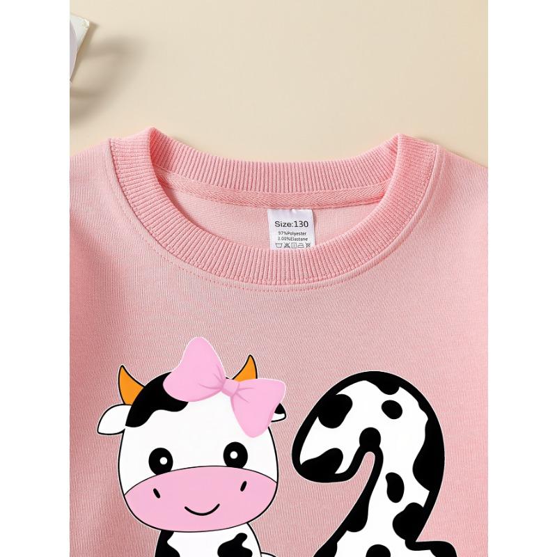 European Sizes Girls' Long-Sleeve Round Neck Sweatshirt "Cute Cow Number Two" Print, Spring/Autumn, Casual, Daily & Sports.