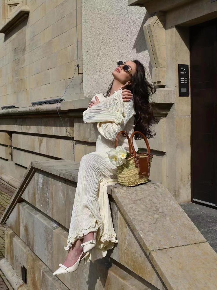 Elegant Flared Long Sleeve O-Neck Dress Women Casual Lace Fishtail Slim Party Dresses Female Fshion Chic Solid Summer Streetwear Dress