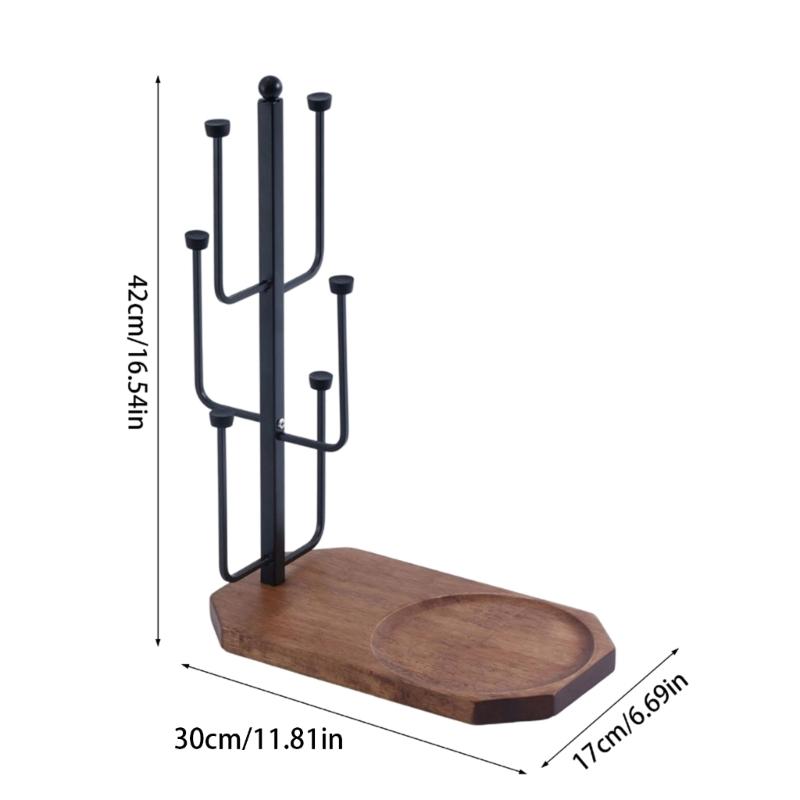 Sturdy Metal Wood Cup Holder Coffee Mug Rack with 6 Hooks and Wooden Tray Counter Display Stand for Kitchen Accessories