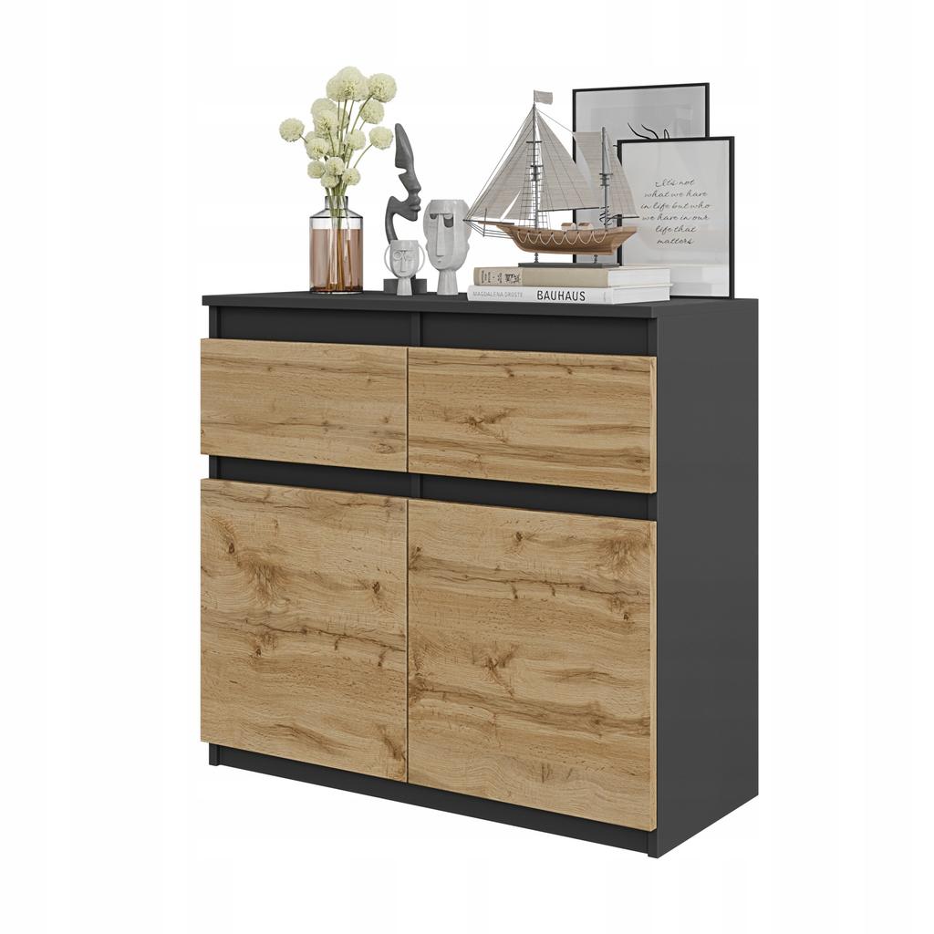 Cómoda antracita/roble wotan 2 cajones 2 puertas 2 estantes, mueble 80 cm salón