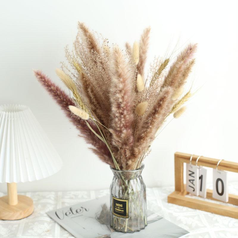 Nordic Style Mixed Dried Flower Bouquets with Reeds, Dusters, Golden Balls, and Lagurus Ornaments for Home Decor.