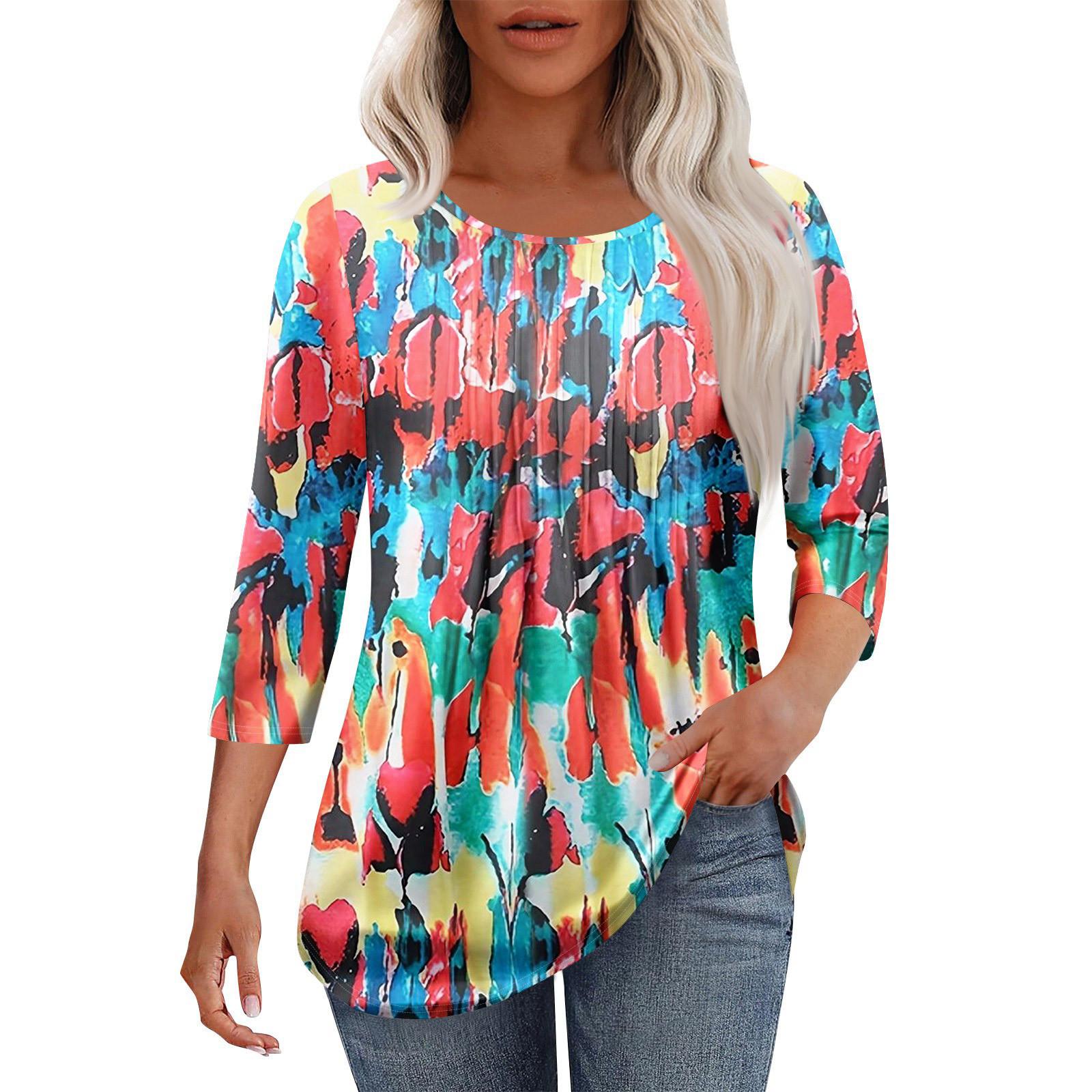 

Женская модная повседневная плиссированная футболка с круглым вырезом и принтом в стиле досуга с рукавом семь четвертей L