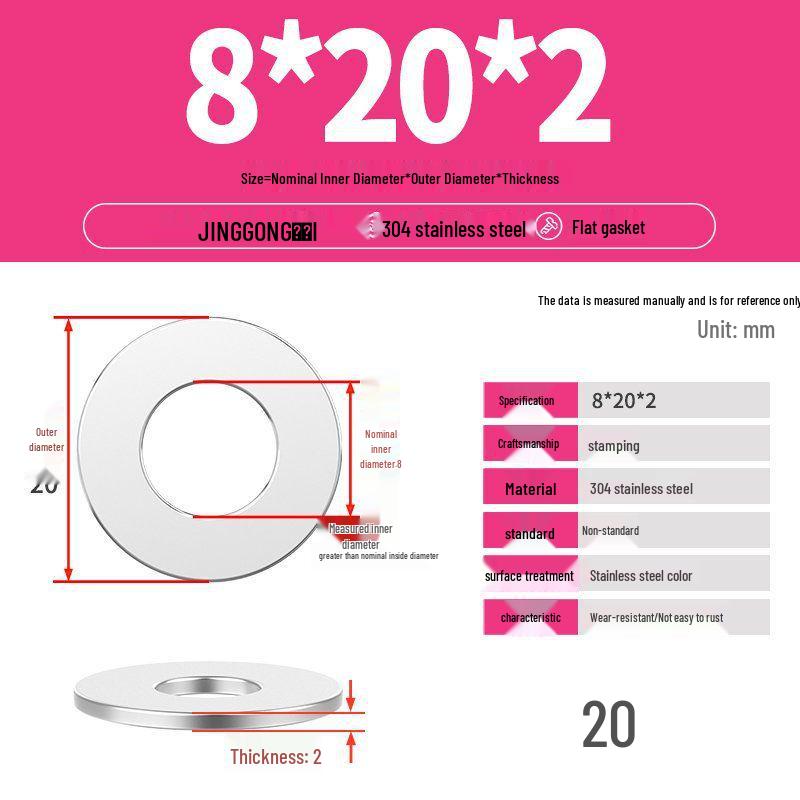 Zesílená plochá podložka/distanční kroužek z nerezové oceli 304 M4 M5 M6 M8