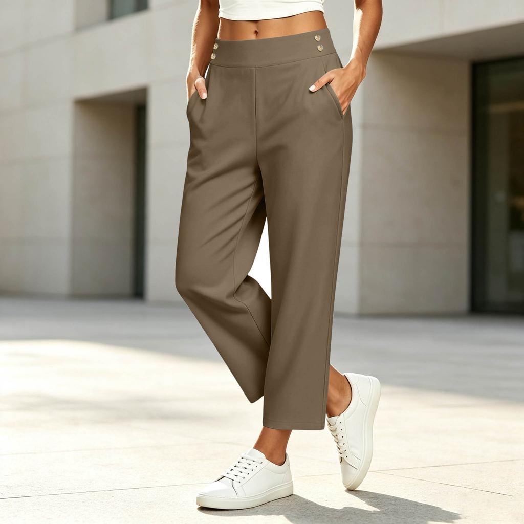 Women's High Waisted Loose Fit Yoga Pants with Pockets and Button Straight Leg Casual