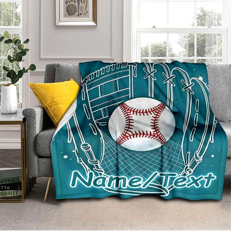 1PC Custom Name Baseball Glove Ball Outdooor Flannel Blankets Throw Blanket All-Season Throw Gift Bedspread for Couch, Bed, Camping Holiday Birthday G