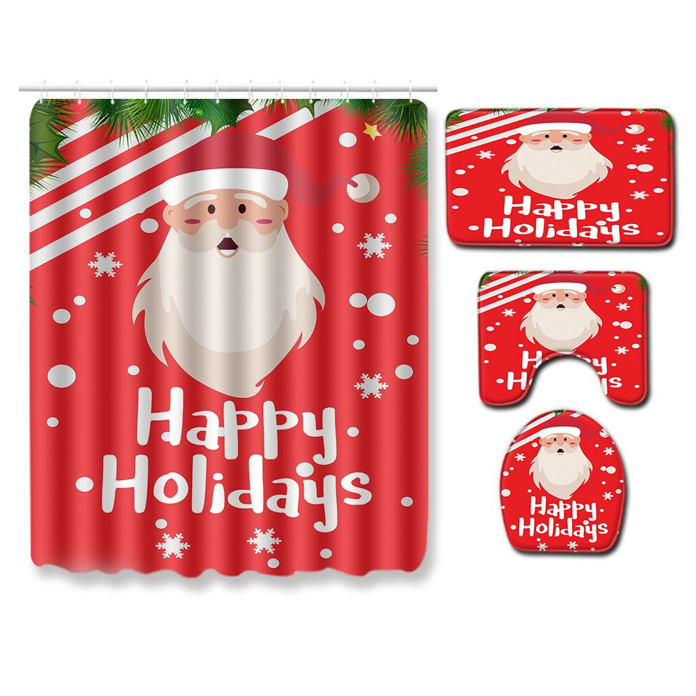 Christmas Toilet Seat Shower Curtain Four-Piece Printed Floor Mat Set Bathroom Floor Mat Bedroom Absorbent Door Mat Carpet