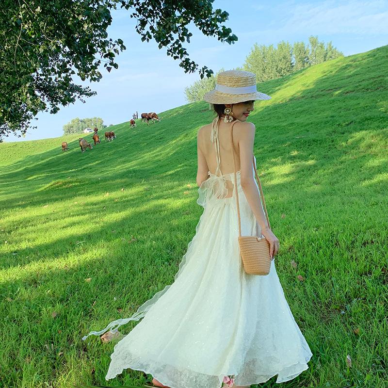 White Seaside Vacation Big Halter Neck Suspender Dress New Feminine Summer Fairy Skirt