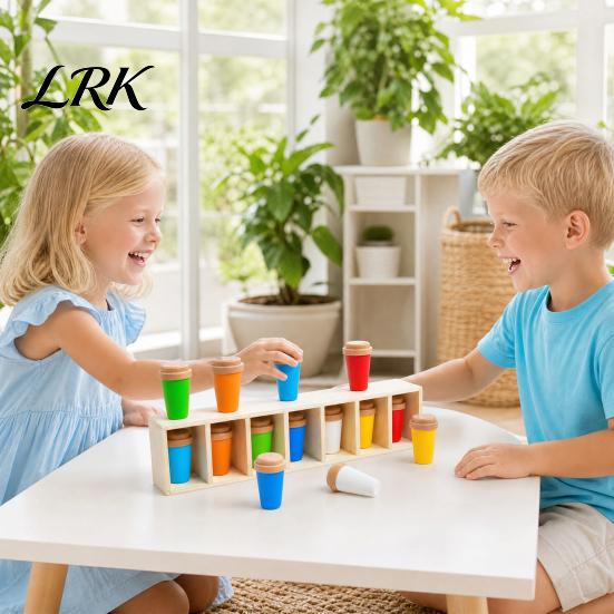 Kids Memory Challenge Toy Bottle Color Matching Board Game, with 14 Colorful Bottles & Wooden Recognition Game Storage Rack, 2-4 Players Family Night