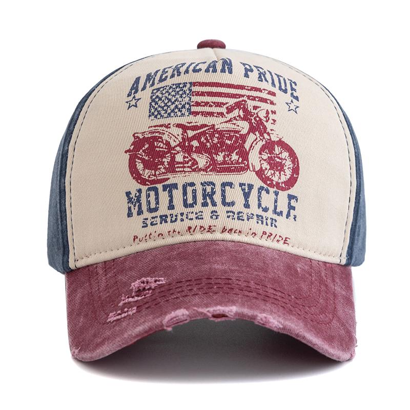 Nová baseballová čepice s potiskem motocyklů Vintage Color Block Washed Cap Nastavitelné tatínkové klobouky pro ženy Muži