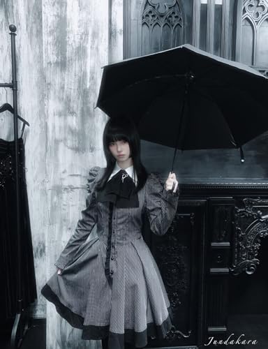 [Jundakara] Gothic Striped Dress for Women, Long Sleeves, Short Length, Cute and Dark Style, Detachable Ribbon, A-Line, Classical Fashion, Gothic Loli