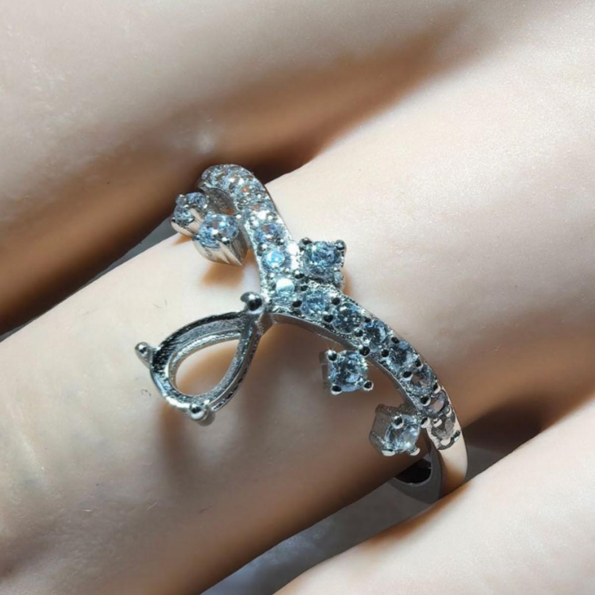 S925 Sterling Silver Princess Crown V-Shape Pear Teardrop Gemstone Flower Ring Setting Adjustable Opening