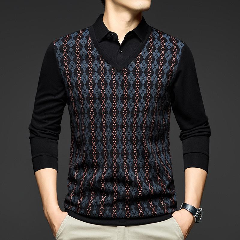 Men's Long Sleeve Rhombus Print Lapel T-shirt - Fake Two-Piece Casual Top
