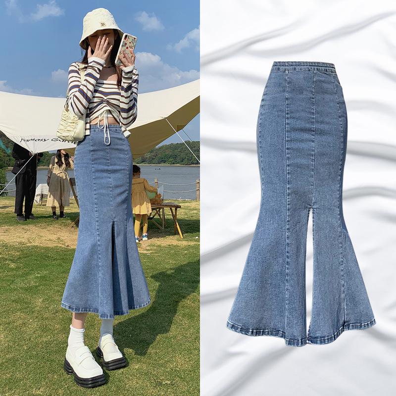 Women's Fishtail Denim Skirt – 2026 Spring/Summer/Autumn Hip-hugging Mid-length Slit Design