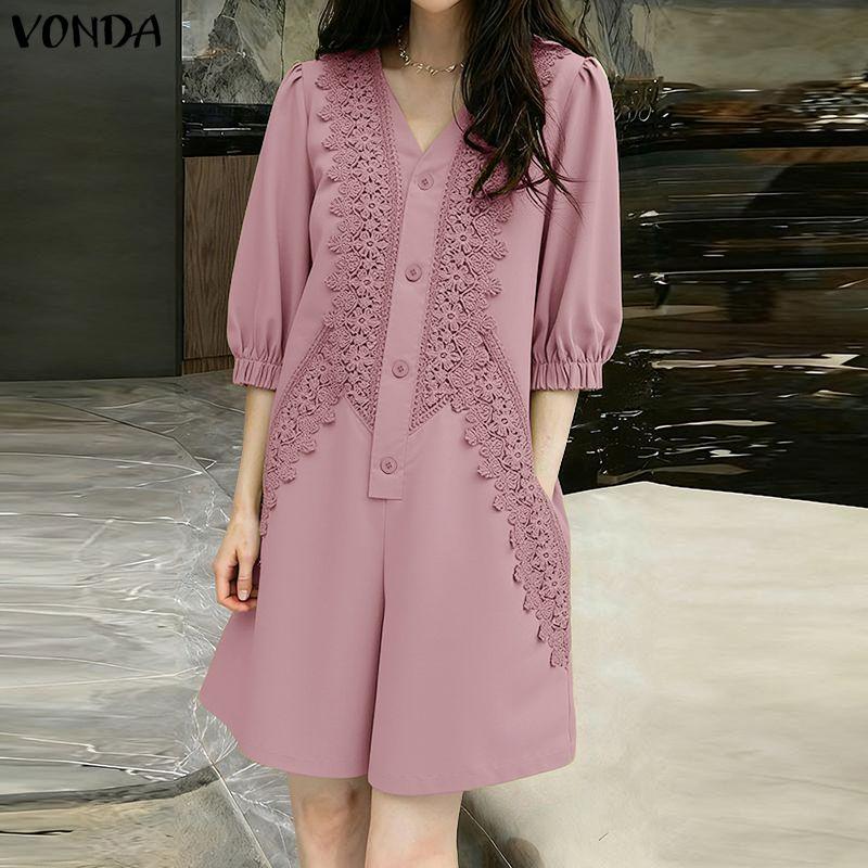 VONDA Summer Women Casual V Collar Half Sleeve Lace Crochet Patchwork Jumpsuits