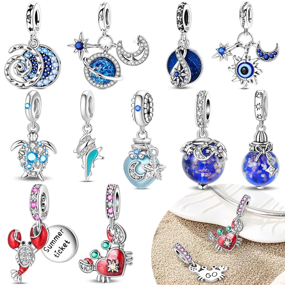 Authentic copper Charm Bead Charms Blue Wishing Bottle Planet Star Shape Sun Crab Eye of Devil Bead Compatible With Bracelets Accessory Gift Diy Jewel